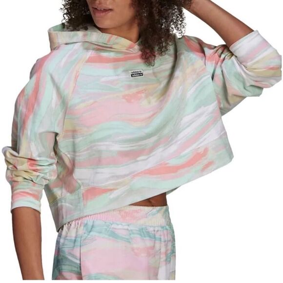 Adidas Original 100% cotton marble/Multicolor Logo Crop Top Sweatshirt Size XS - Picture 1 of 8